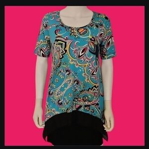 3/$30 THE ZIG ZAG Psychedelic Assymetric Miami Teal Sharkbite Blouse